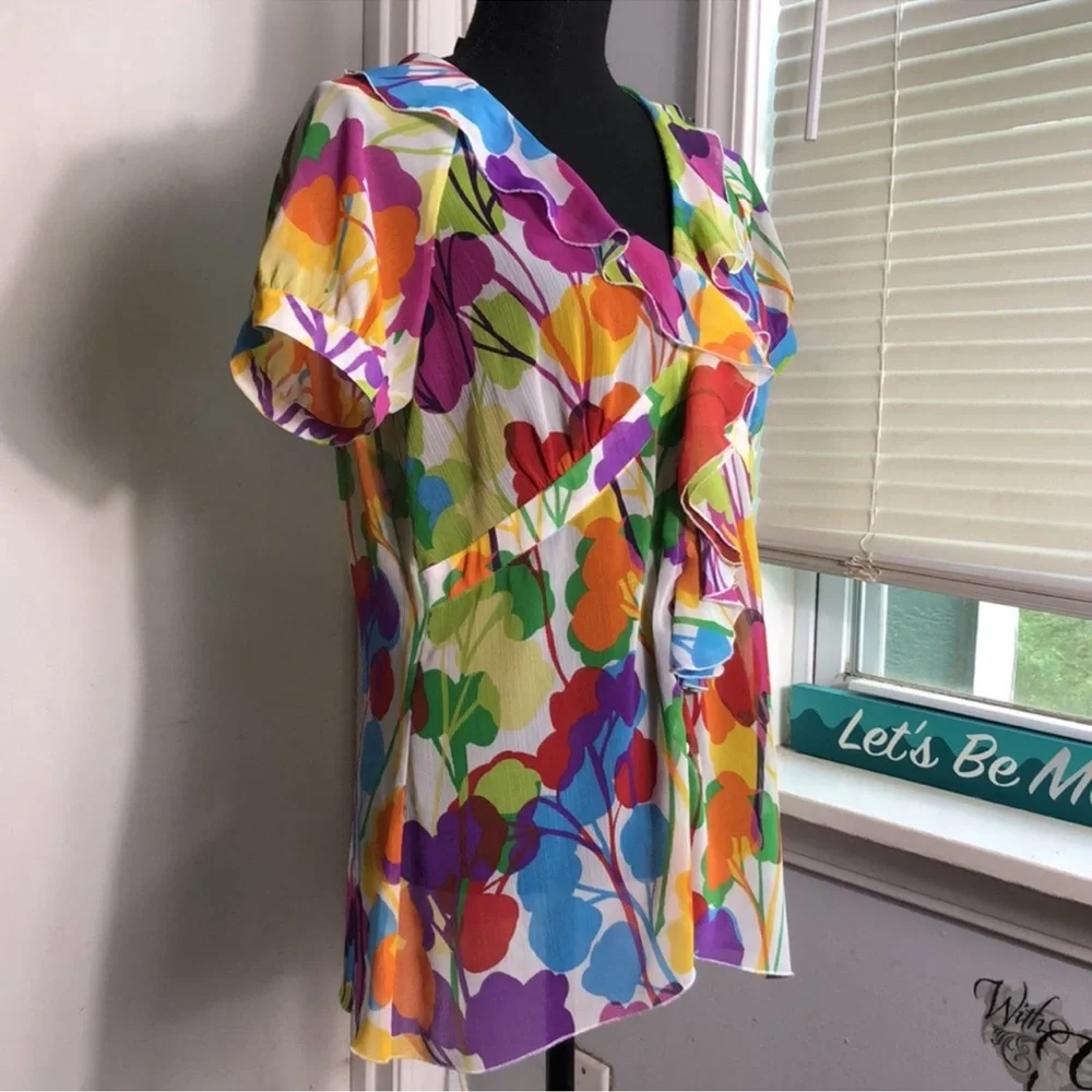 Spense womens Floral, Feminine Ruffle Neck Shear Blouse Sz L - Picture 3 of 6